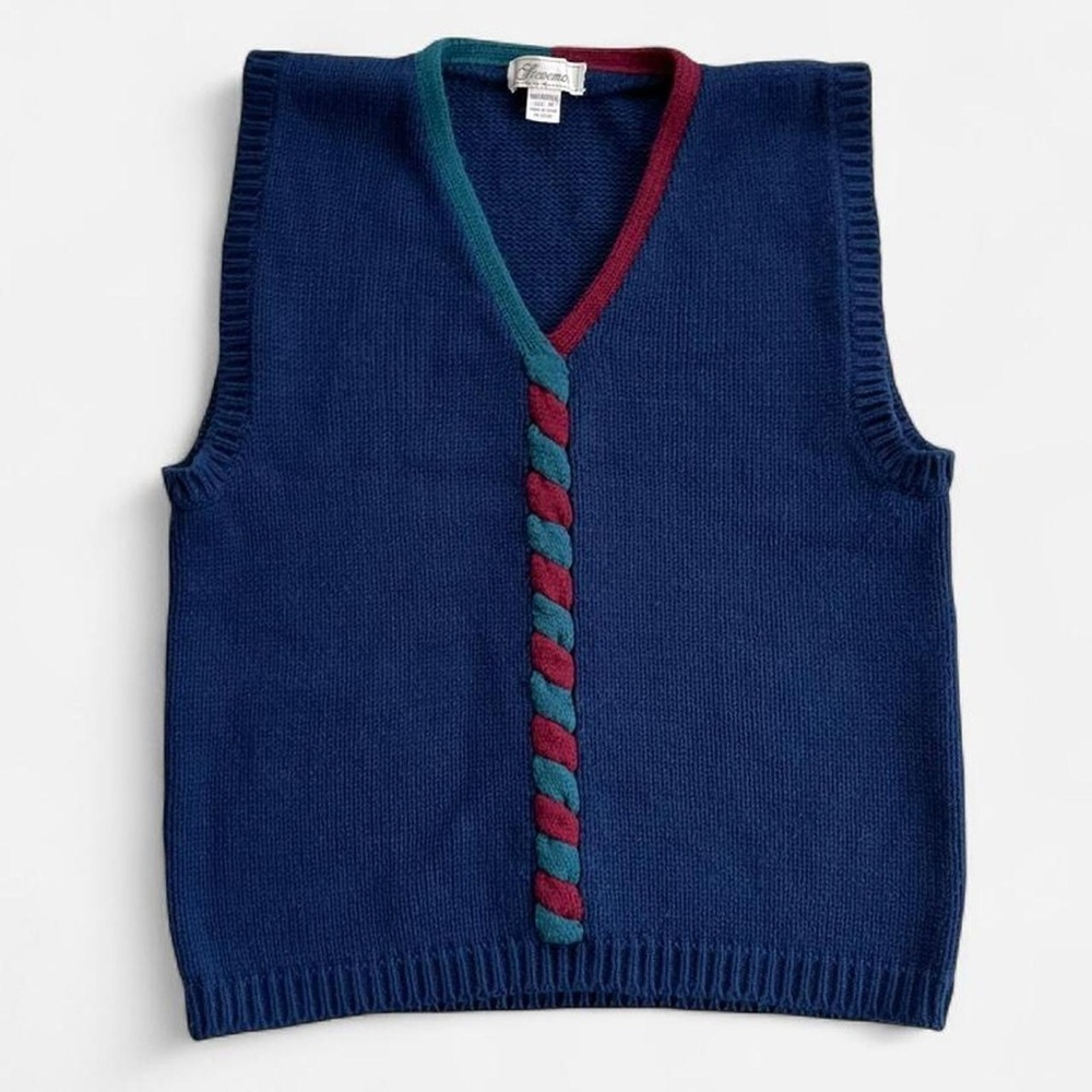 Vintage Stevemor Navy Blue Acrylic Knit With Green & Burgundy Twist Sweater Vest - Picture 2 of 7